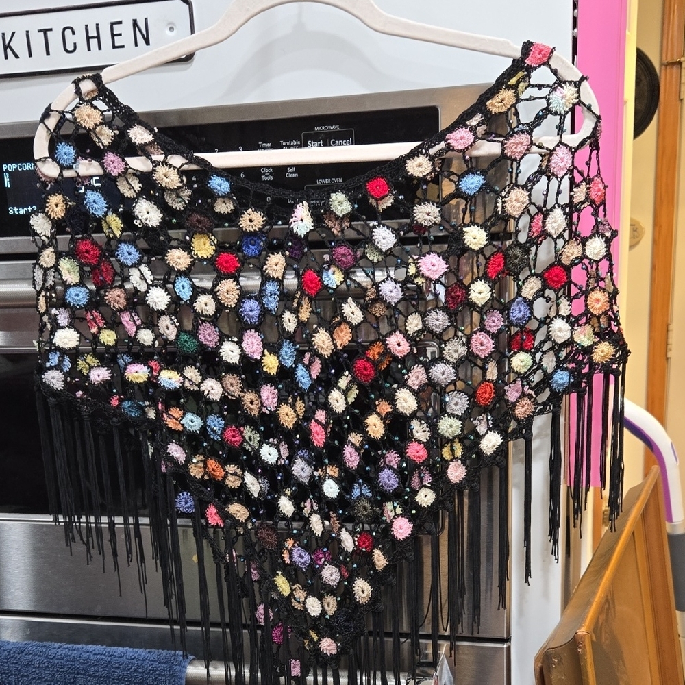 Source Unknown Multicolor Crochet Poncho With Bea… - image 1